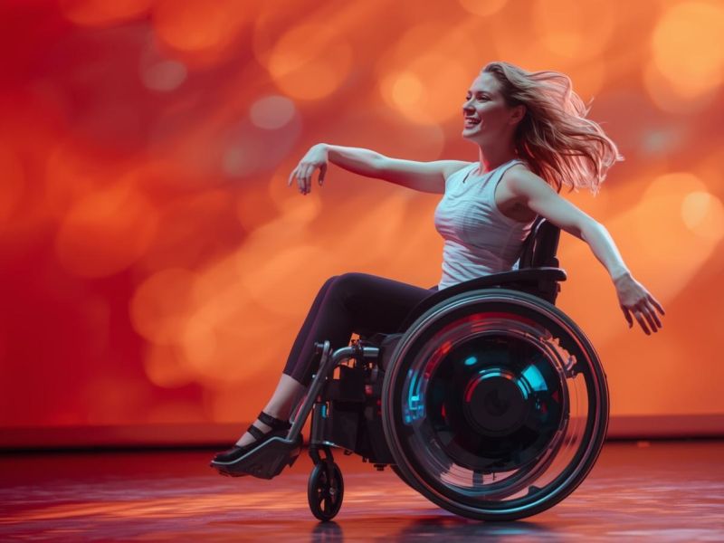 Mulher adulta PcD executando uma dança em cadeira de rodas elétrica
